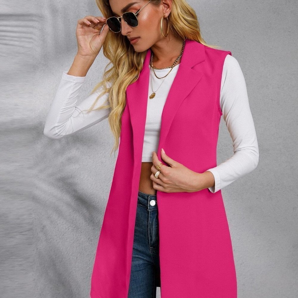 Hot Pink Preppy Womens Solid Lapel Collar Open Front Vest Blazer - Picture 5 of 5